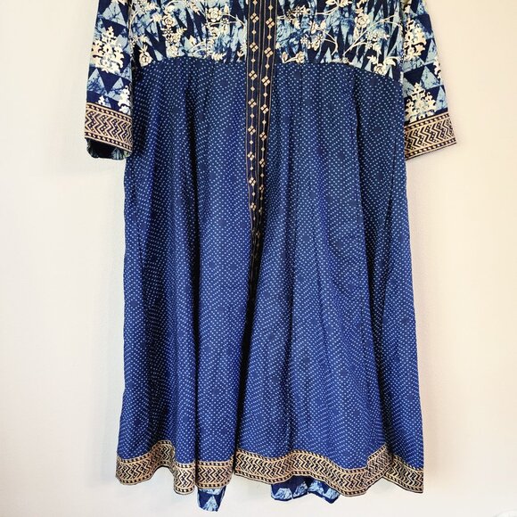 BIBA Kurta Tunic Maxi Dress Women Sz 38 Blue Gold Floral Print V Neck Lined - Picture 6 of 13